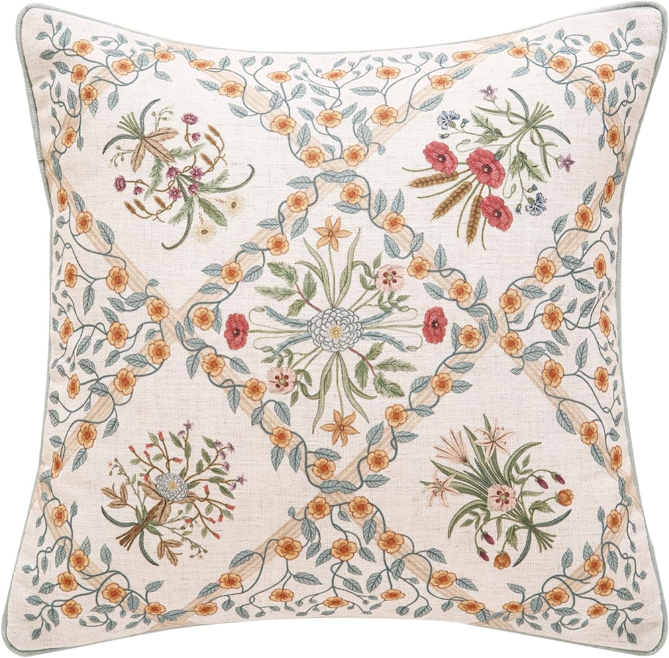 ISAENNE Design Linen Throw Pillow Covers 18"x18", Square Farmhouse Cushion Covers with Red Pink Yellow Watercolor Wildflower Pattern Decor Pillowcases for Bed,Living Room,Outdoor,Car