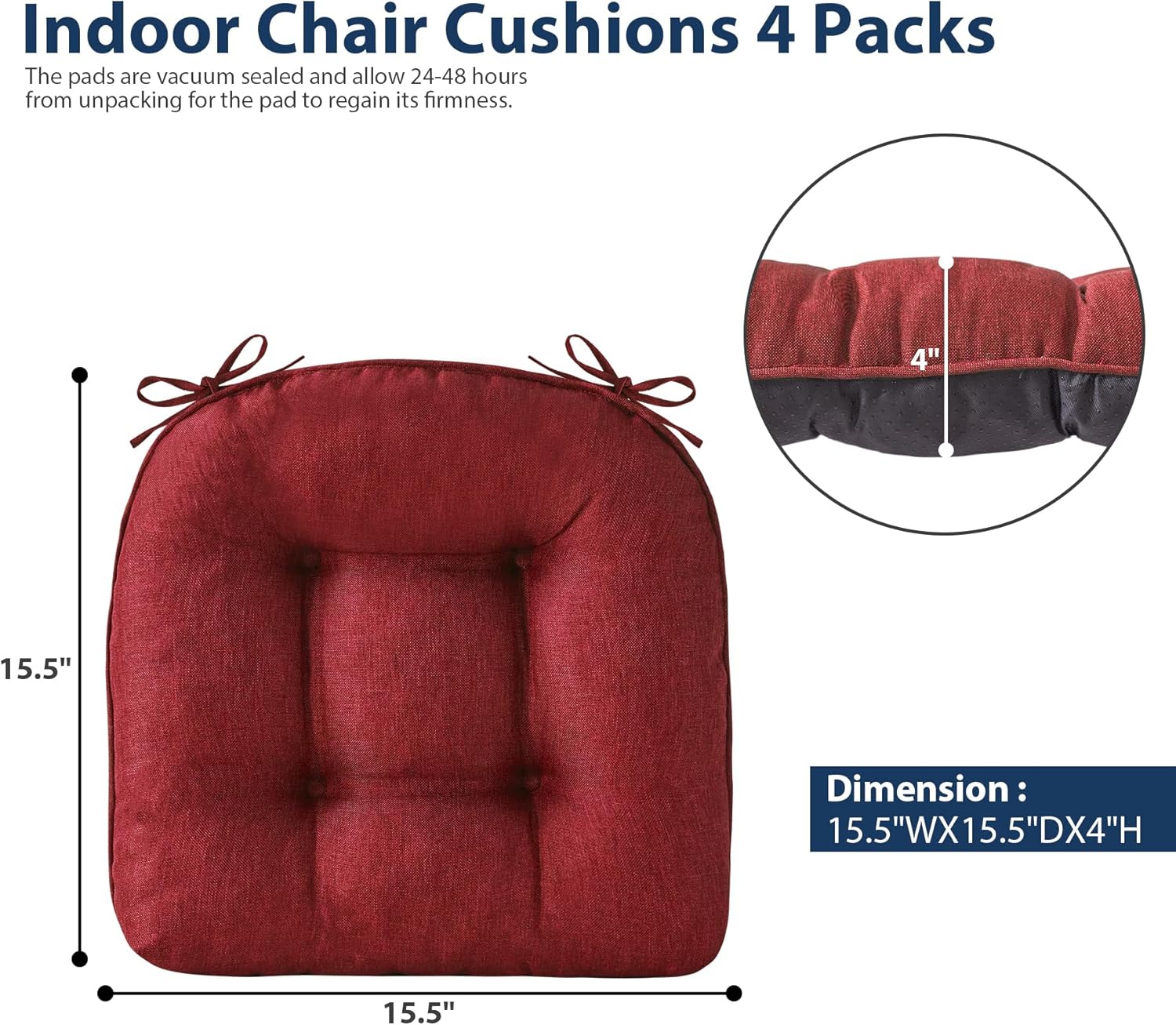 Chair Cushions for Dining Chairs, Seat Cushions for Kitchen Chairs, Indoor Seat Cushions with Ties, Tufted Foam Chair Pads, Non Slip Chair Cushions Set of 4, 15.5" x 15.5" x 4", Red