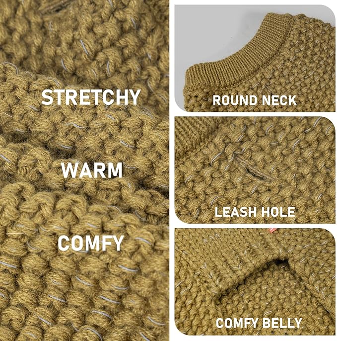 KYEESE Dog Sweater with Leash Hole Comfy Pullover Sweater Medium Size Male with Reflective Yarn Warm Pet Coats Stretchy Cozy Lightweight Thick Knitwear Dog Clothes,Brown, X-Large