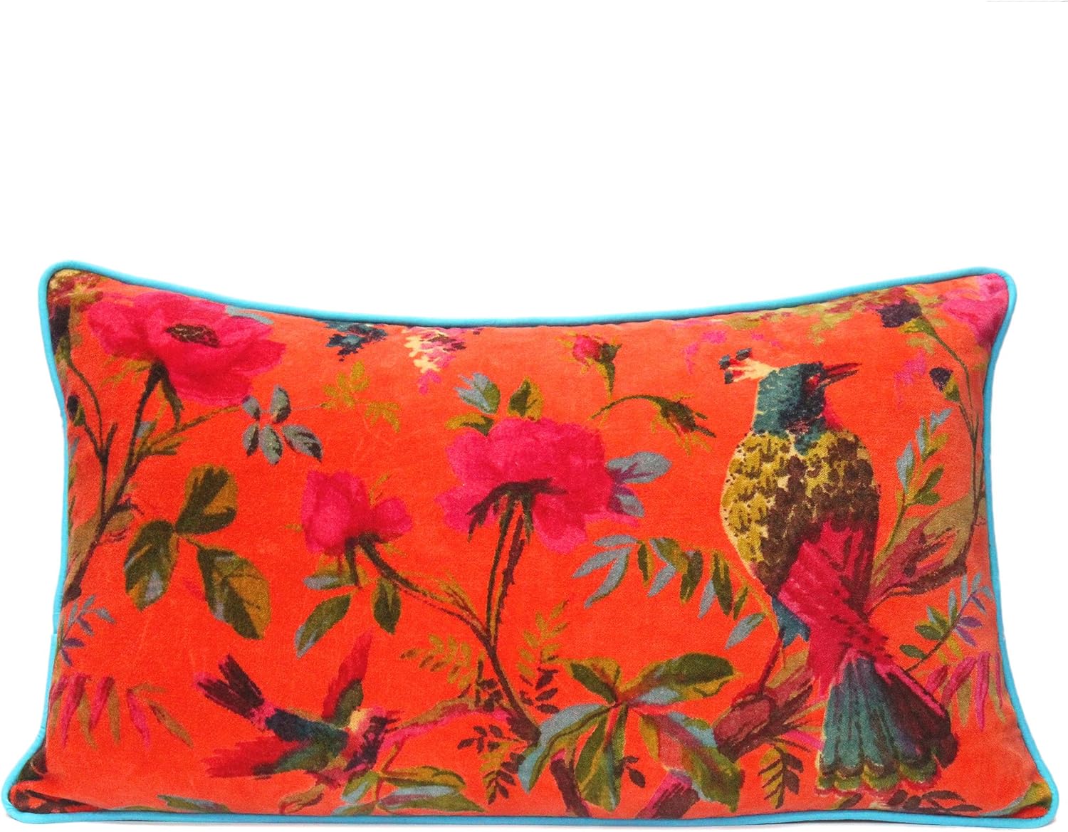 Eyes of India Velvet Floral Flower Bird Throw Pillow Sofa Cushion Cover Case Couch Colorful Boho Chic Bohemian Accent Indian Handmade (Orange, 20" x 12")