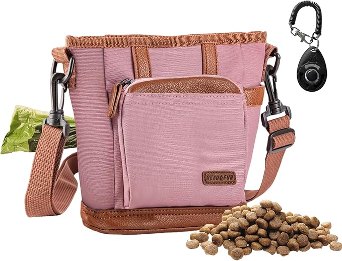 BEAU&FUR Large Dog Treat Pouch with Clicker for Training – 4 Cup Capacity, Built-In Poop Bag Dispenser, Expandable Pocket, Metal Buckle, Large Back Pocket, Ideal Design for Walks and Training – Pink
