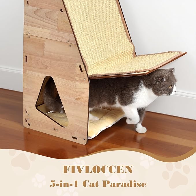 large Cat Scratching Post with Bed: Modern Sisal Cat Scratcher & Wood Frame, Integrated Cat Scratch Pad Post Condo Tunnel. All-in-One Space Saver for Multi-Cat & Budget-Friendly Homes (24in)