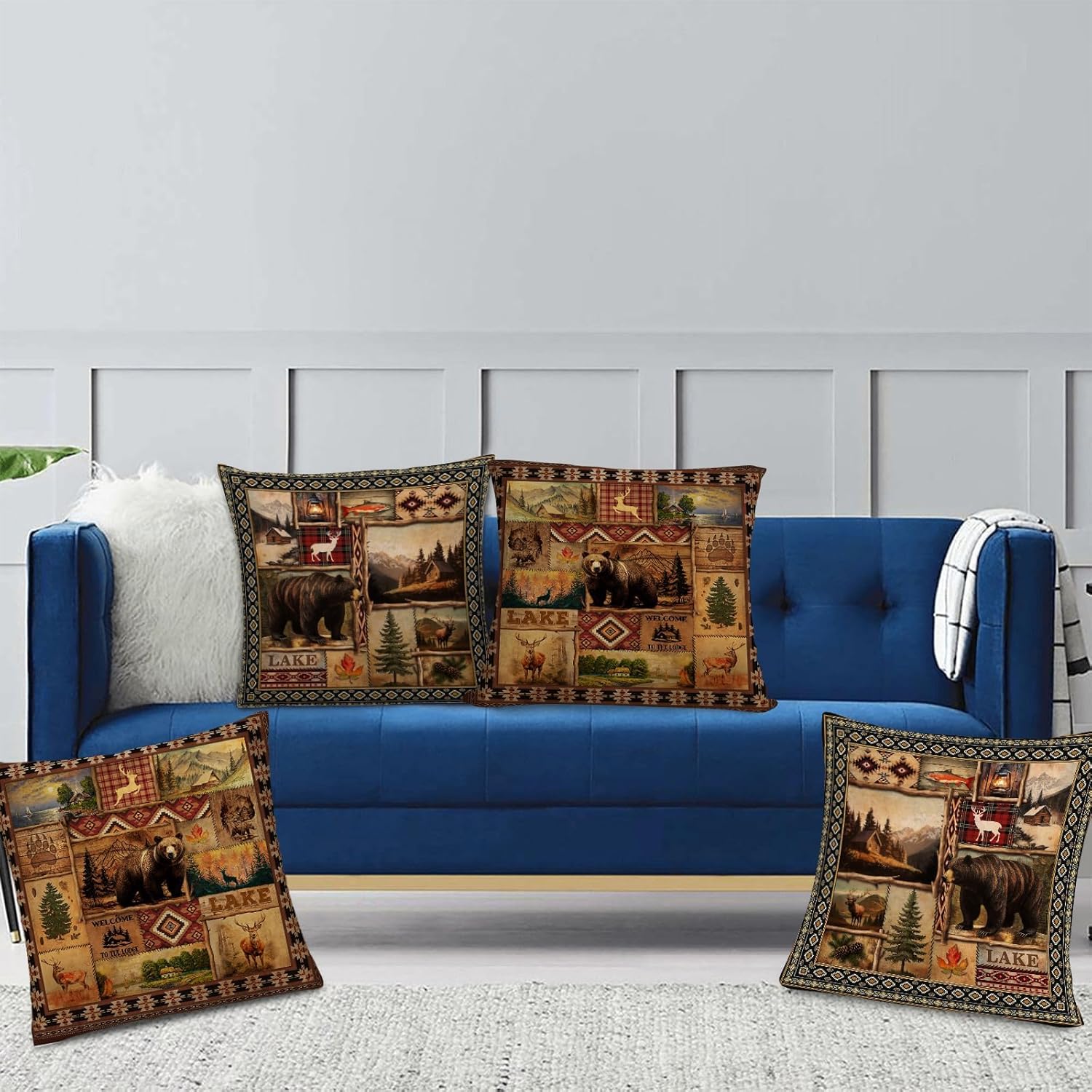 Vintage Rustic Lodge Bear Pillow Covers 18x18 Inch Set of 4, Farmhouse Cabin Throw Pillow Cases for for Couch Bed Sofa Chair Cushion Living Room Decor Brown Cabin Pillowcases