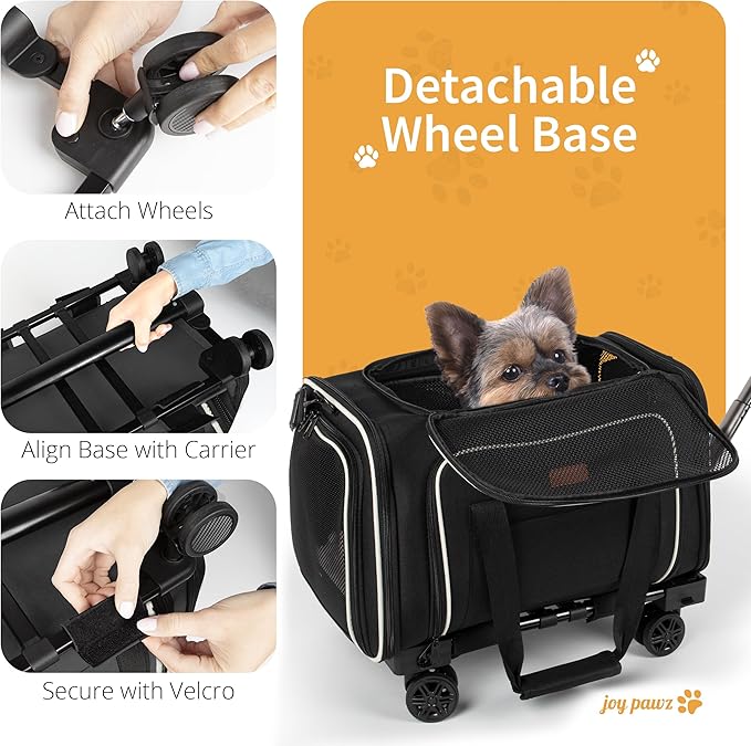 Pet Carrier for Travel - 15 LBS MAX Dogs/Cats Expandable - Airline Approved & Roomy - Premium Pets Carrier with Wheels - Cozy Soft-Lined Travel Carrier - Stylish Black Design