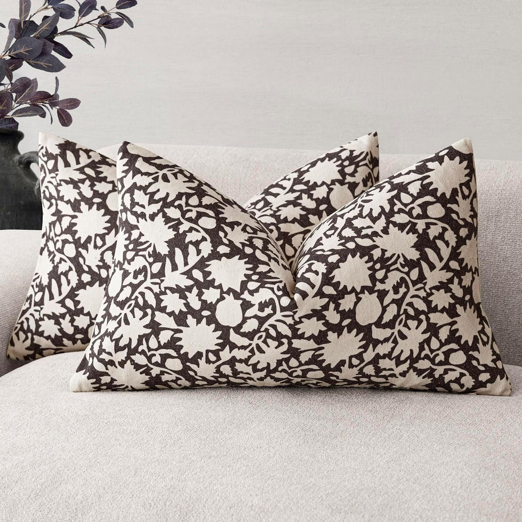 Foindtower Set of 2 Decorative Neutral Floral Lumbar Throw Pillow Covers Accent Farmhouse Cushion Covers Boho Vintage Pillowcase for Couch Sofa Bedroom Living Room Home Decor,12×20 Inch,Black