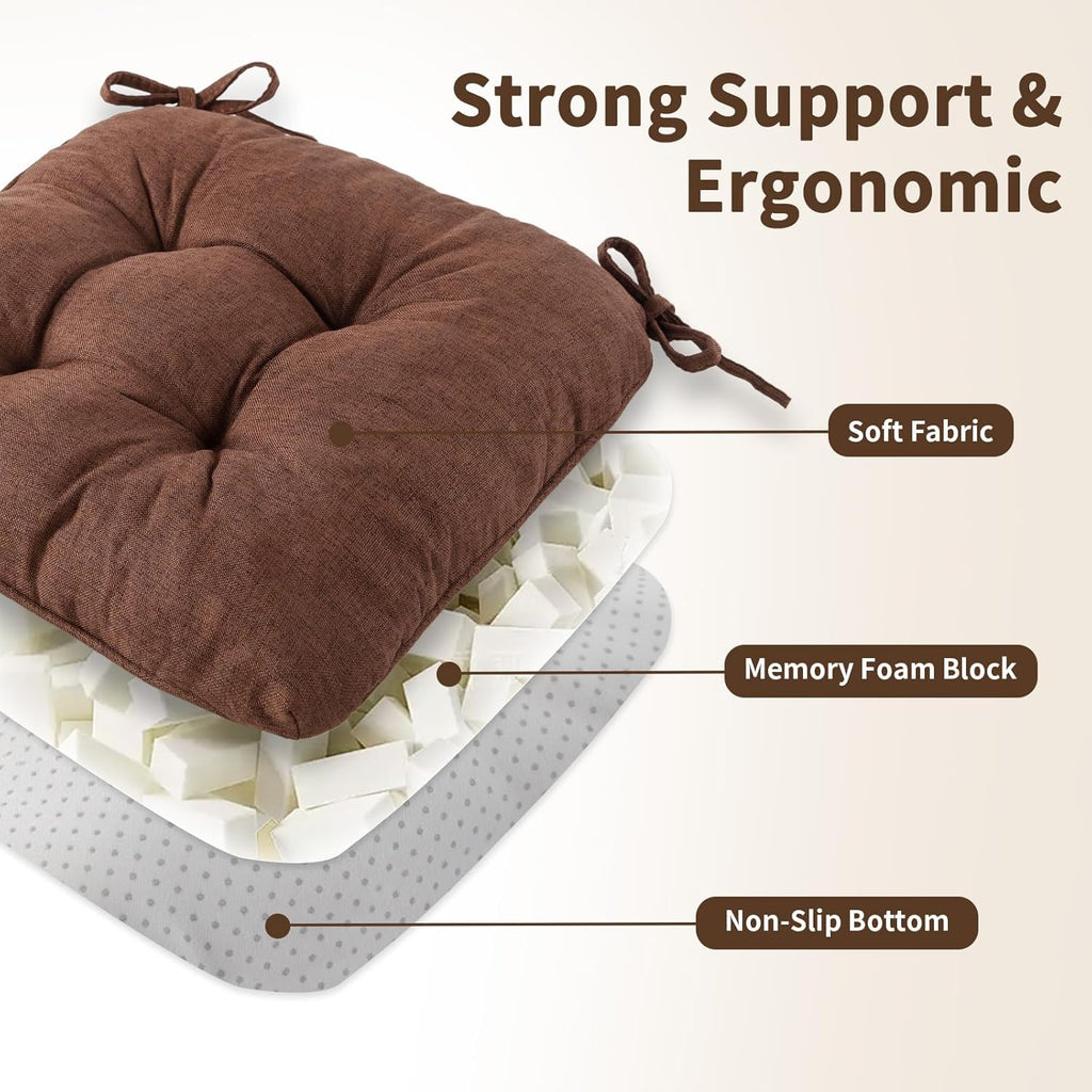 Chair Cushions for Dining Chairs, Tufted Foam Kitchen Chair, Non-Slip Seat Cushions with Ties Set of 4, 15.5" x 15.5" x 4", Brown