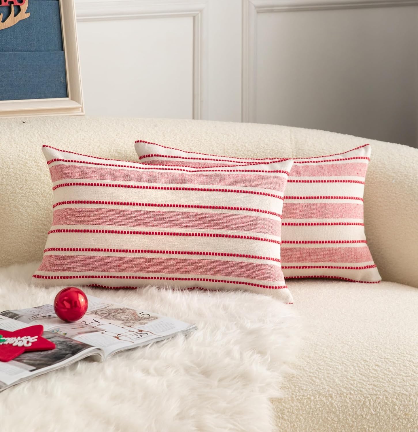 Christmas Pillow Covers, Boho Textured Red Pillow Case, Pillow Covers 12 x 20 Inch Set of 2 Christmas Decorative, Chair Sofa Bedroom Living Room Home Holiday Decor Cushion Case