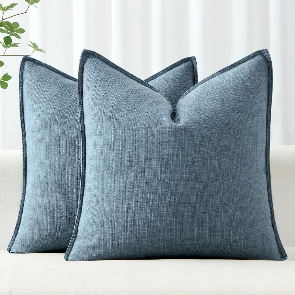 MIULEE Decorative Pillow Covers 18x18, 2 Pack Boho Farmhouse Neutral Throw Pillows for Couch, Thick Textured Modern Linen Cushion Cases Sofa Bed Living Room Home Decor, Blue