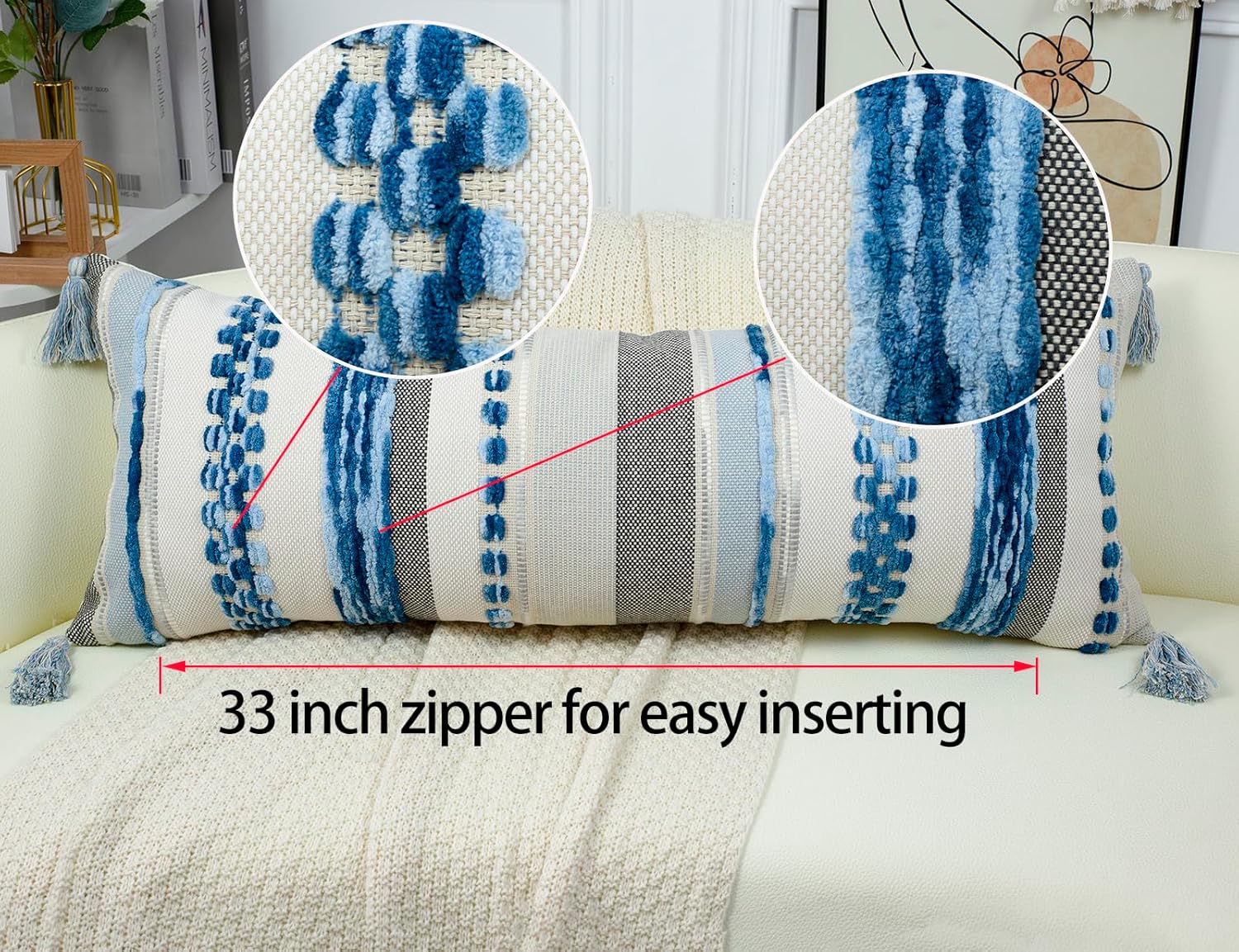 PANOD Boho Long Lumbar Throw Pillow Cover 14 x 36 Blue, Chenille Morocan Extra Long Pillow Case Cover, Decorative Long Pillow for Bed Couch Sofa Farmhouse