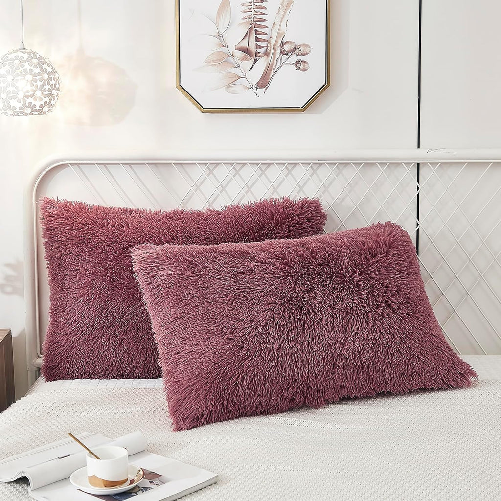 Uhamho Set of 2 Pillowcases Faux Fur Throw Pillow Covers King Size Shams Soft Velvet Decorative Zipper Closure (Dusty Rose, 20"x36")