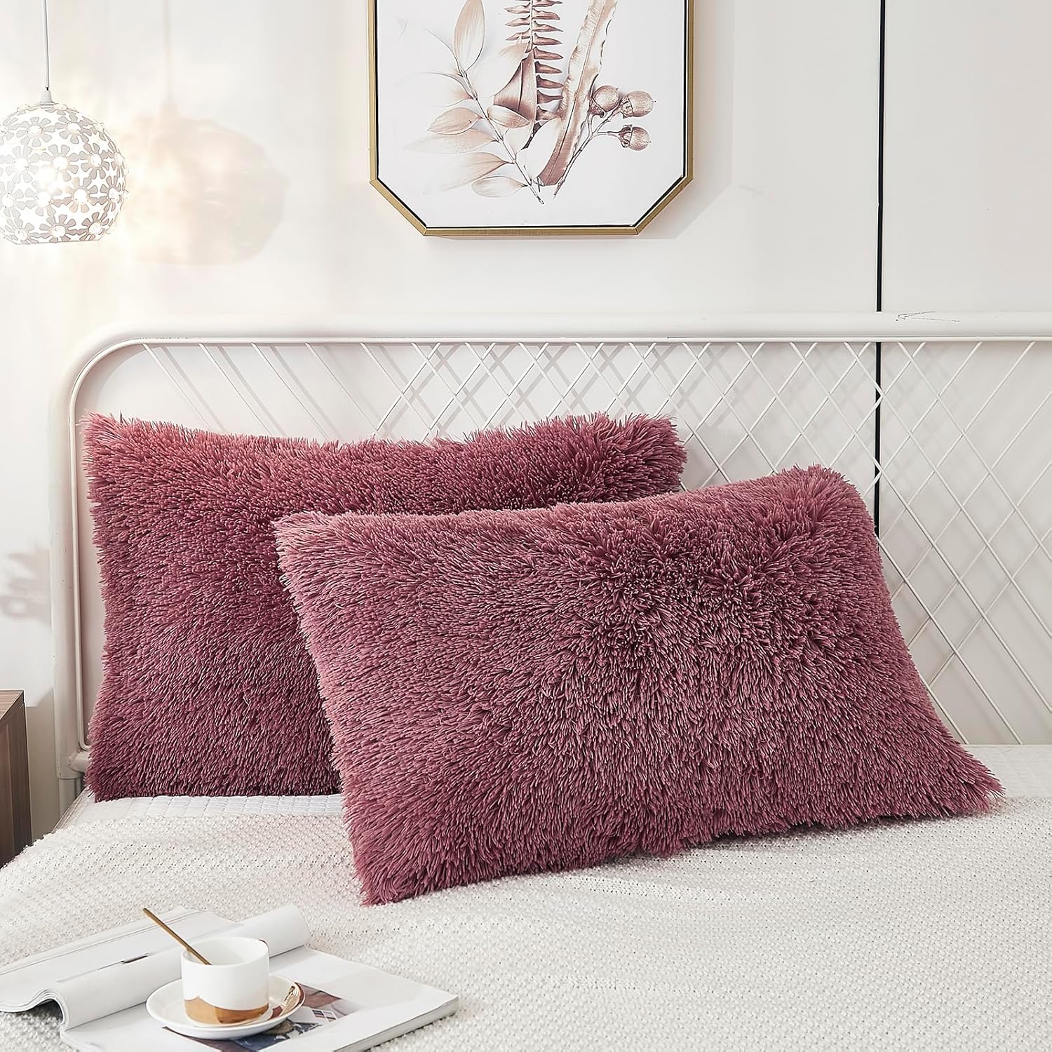 Uhamho Set of 2 Pillowcases Faux Fur Throw Pillow Covers King Size Shams Soft Velvet Decorative Zipper Closure (Dusty Rose, 20"x36")