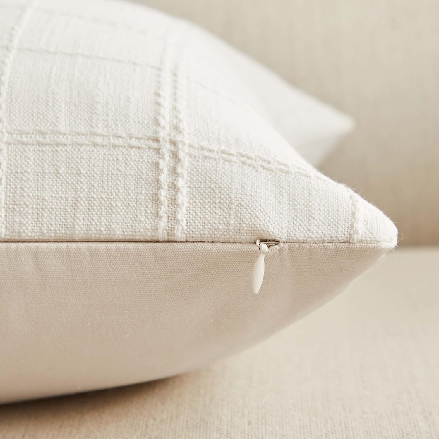 ZeeMart Linen Checked Throw Pillow Covers Set of 2, 22x22 Inch Ivory/Cream, Farmhouse Decorative Single Sided Grid Embroidered Couch Pillow Cases Off White Cotton Linen Cushion Covers