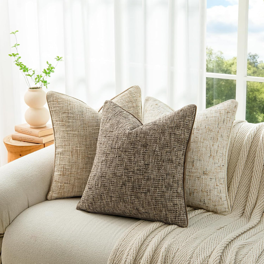 a moment Brown Reversible Pillow Covers 2 Pack - Farmhouse Chenille Throw Pillows, Neutral Textured Decorative Throw Pillow Covers with Border for Couch Sofa Bed (20x20 Inch, No Insert)