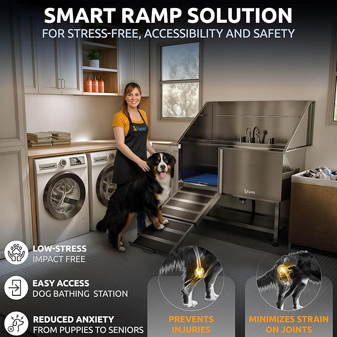 KANIS Professional Dog Washing Station - 304 Stainless Steel Pet Wash Sink & Grooming Bathtub w/Shower, Floor Grates and Storage for Large, Medium & Small Pets (50", Shelf - Left Ramp)
