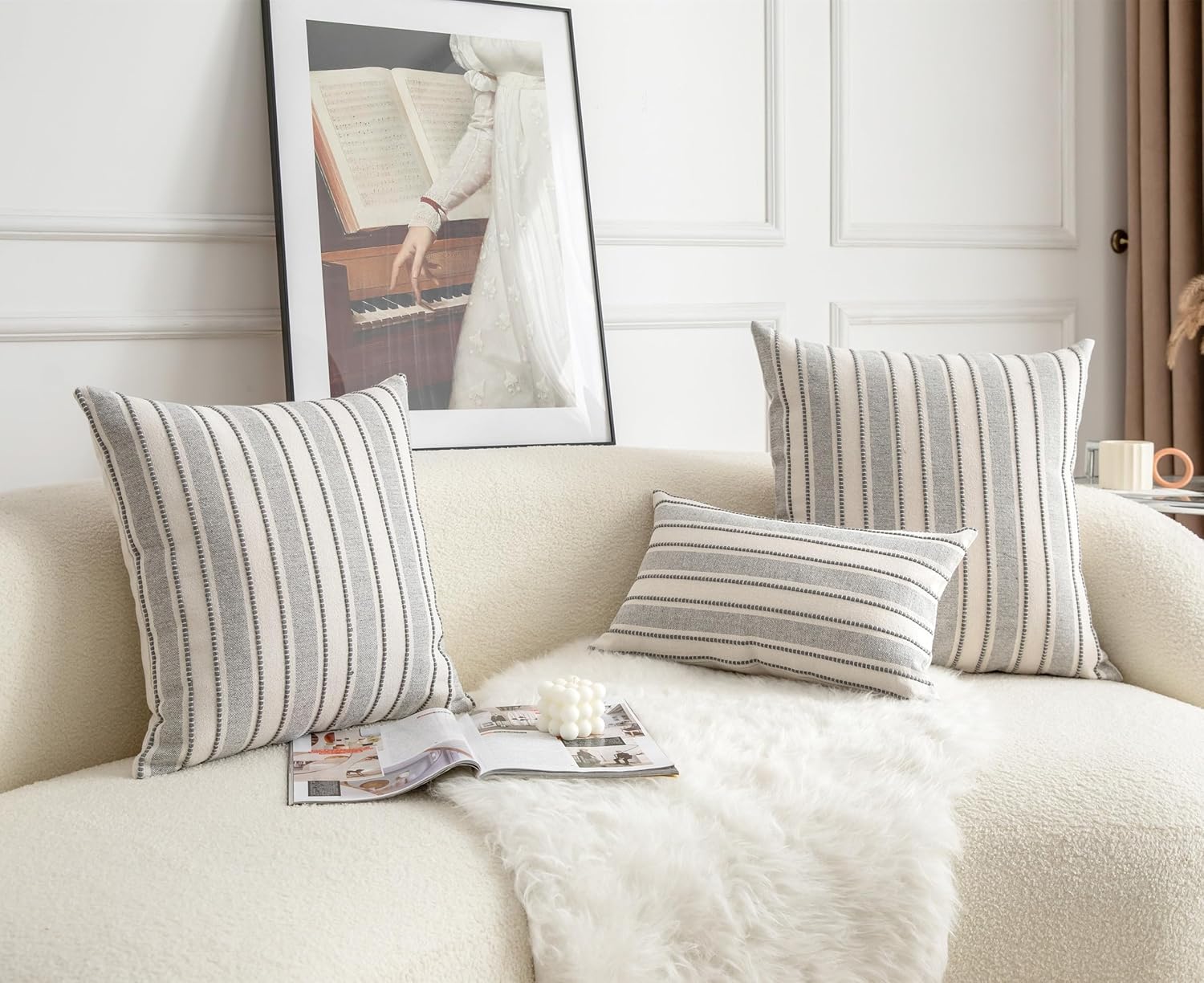 Decorative Boho Lumbar Throw Pillow Covers, Farmhouse Textured Pillow Case, 12 x 20 Inch Set of 2, Chair Sofa Bedroom Living Room Home Decor Couch Cushion Case, Grey and Beige