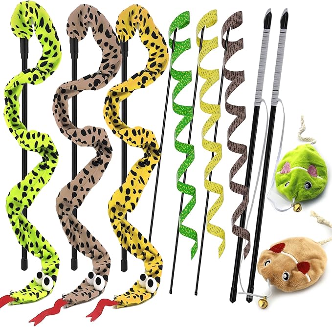 Interactive Cat Toy Wand with Catnip Mouse, Cat Teaser Wand Rainbow String for Bored Indoor Adult Cats and Kittens (8 Pack)