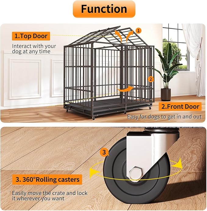 54 in Heavy Duty Indestructible Dog Crate Steel Escape Proof, High Anxiety Cage with Wheels, Removable Tray, Extra Large Dog Kennel XL XXL