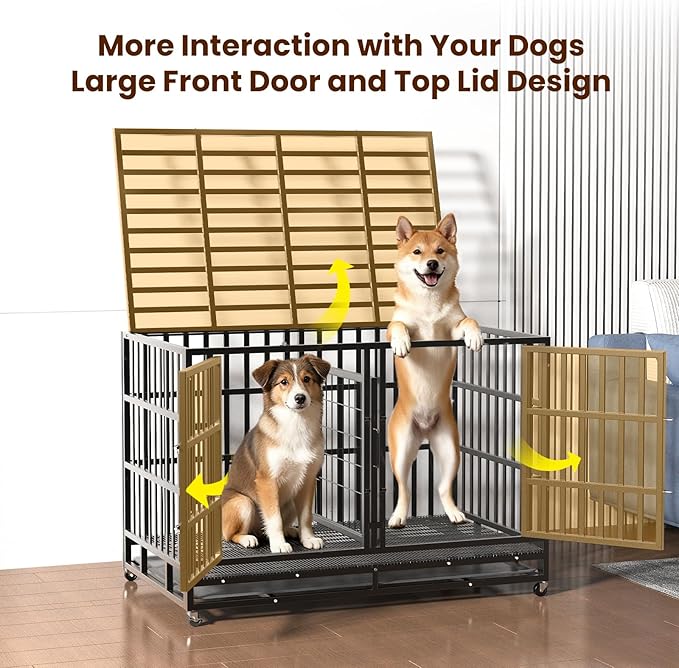 48 Inch Heavy Duty Indestructible Double Dog Crate Steel Escape Proof,Indoor Three Doors Cage,Kennel with Wheels,Removable Tray and Baffle
