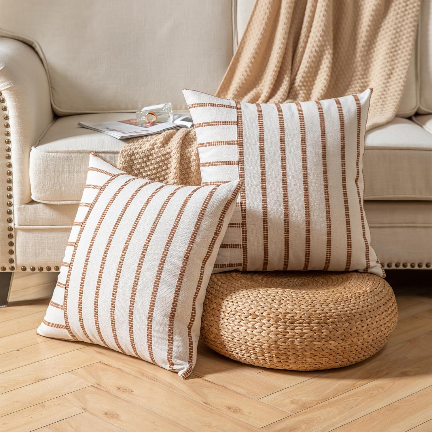 Caflife Boho Throw Pillow Covers 18x18 Set of 2 Soft Farmhouse Decorative Couch Pillow Cases Brown Striped Pillow Covers Neutral Cushion Covers for Sofa Bed Living Room Home Decor