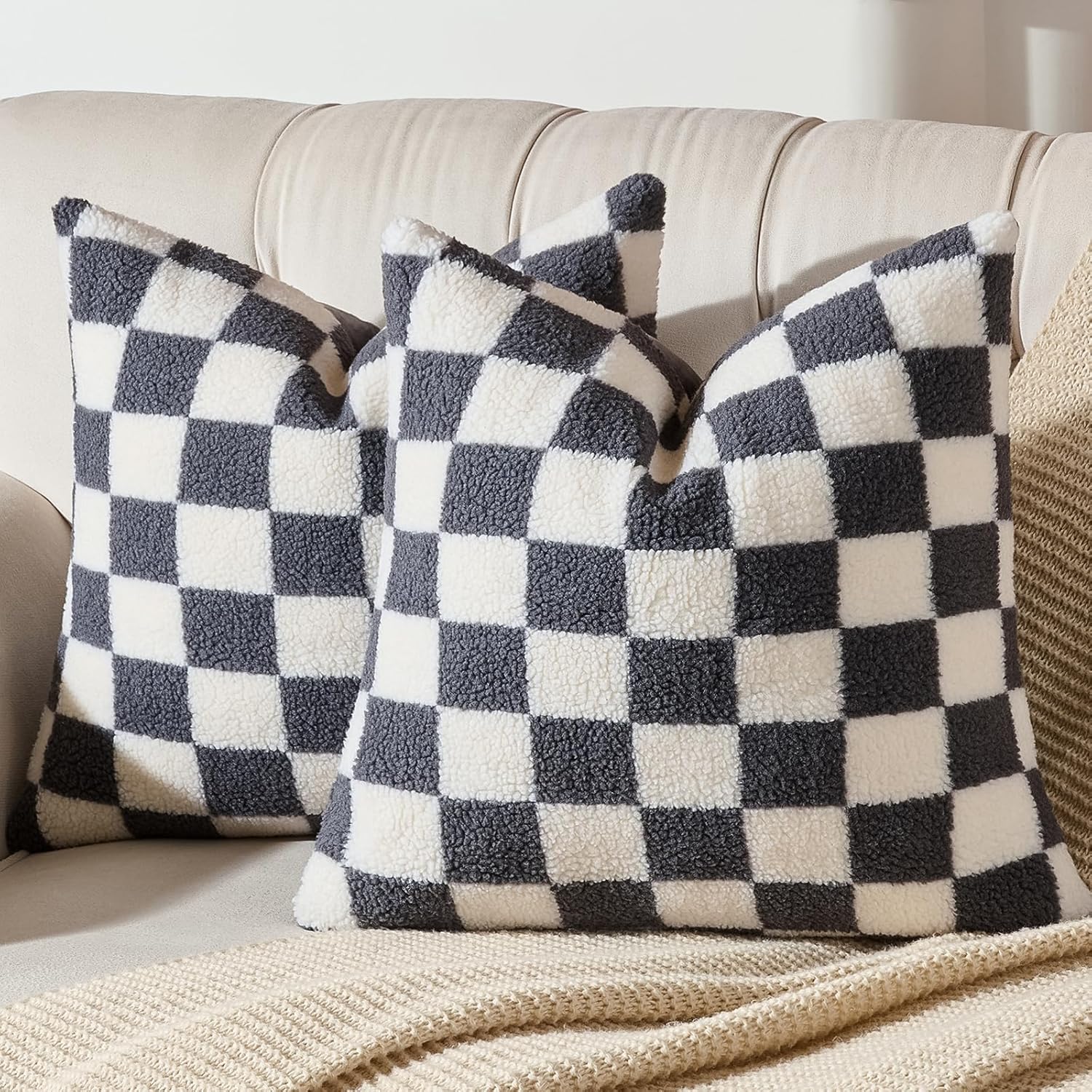 AmHoo Pack of 2 Decorative Throw Pillow Covers Checkerboard Luxury Super Soft Faux Fur Wool Set Case Cushion for Couch Sofa Bedroom 18 x 18-Inch Gray
