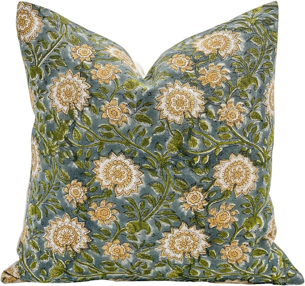 Designer Floral on Natural Linen Pillow Cover | Blue Green and Mustard Pillow Cover | Boho Décor Pillow Cover | Decorative Throw Pillow Covers (Blue Green & Mustard, 24x24)