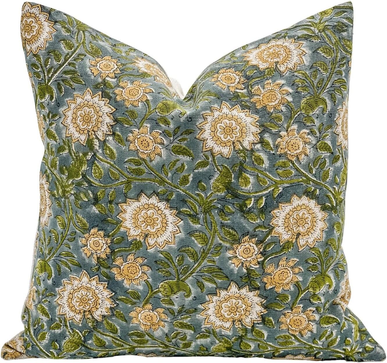 Designer Floral on Natural Linen Pillow Cover | Blue Green and Mustard Pillow Cover | Boho Décor Pillow Cover | Decorative Throw Pillow Covers (Blue Green & Mustard, 14x36)