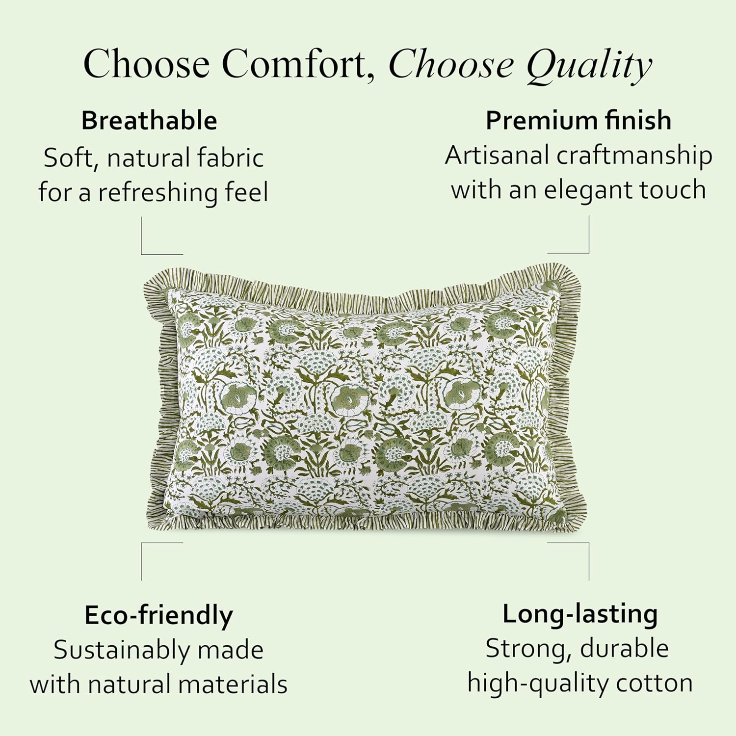 CPC Agate Green 100% Cotton Block Print Ruffle Sham Cover 20X30 inch Pack of 2, Handmade Boho Floral Pillowcase, Soft Decorative Queen Bed Pillow Cover for Bedroom Décor