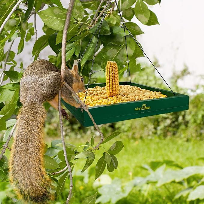 MIXXIDEA Bird Feeder Hanging Tray, Bird Feeders for Outdoors, Wooden Seed Tray Platform Mesh Seed Platform for Garden Yard Outside Decoration Attracting for Wild Birds (Green-1pk)