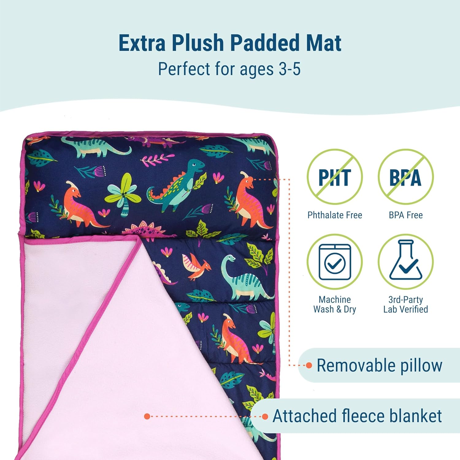 Wildkin 43-inch Kids Nap Mat – Soft Microfiber Toddler Sleeping Mat with Pillow