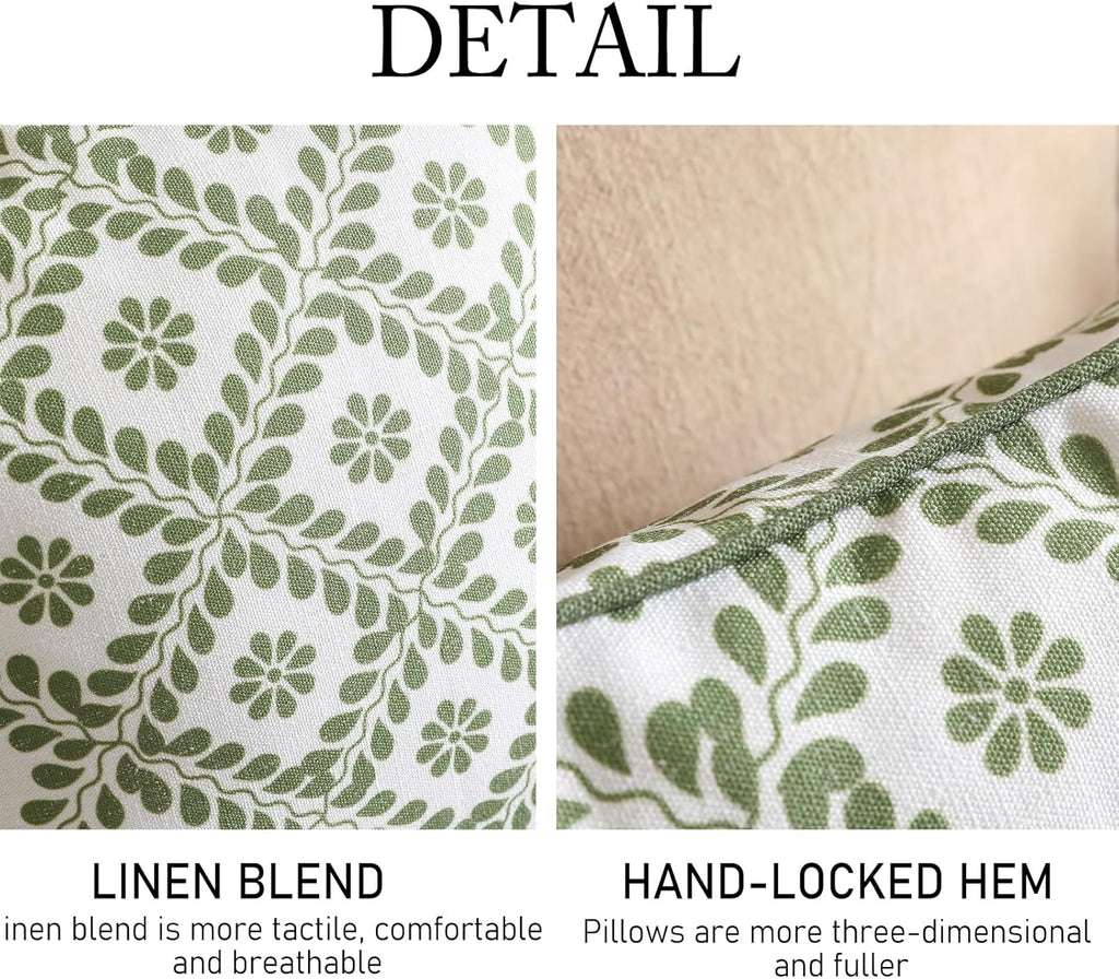 ISAENNE Design Fresh Linen Square Throw Pillow Covers 18"x18", French White Cottage Cushion Covers with Green Branches Pattern Decoration Pillowcases for Bed,Living Room,Outdoor,Car