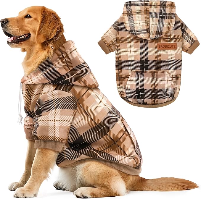 Dog Basic Hoodie Ultra-Soft Plaid Dog Clothes Cold Weather Sweaters for Medium Large Dogs Breathable Cozy Fabric Pet Coat Warm Stylish Sweatshirt with Leash Hole Pocket Dogs Jacket for Cats Boys Girls