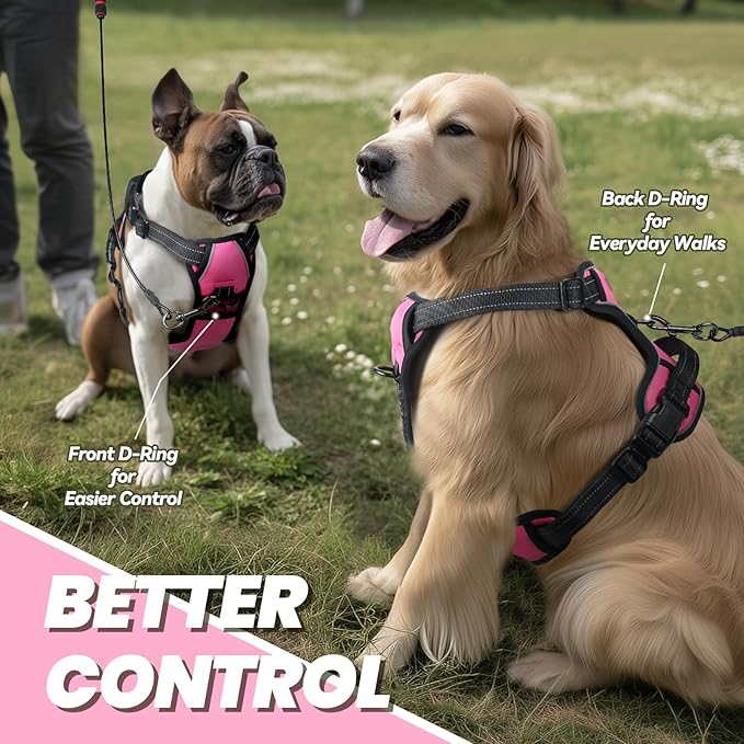 VIVAGLORY Dog Harness Easefit No Pull Dog Harness with Front Clip & Handle for Lifting Training, Adjustable Padded No-Pull Anti Pull Easy On for Puppy & Pet, L, Pink