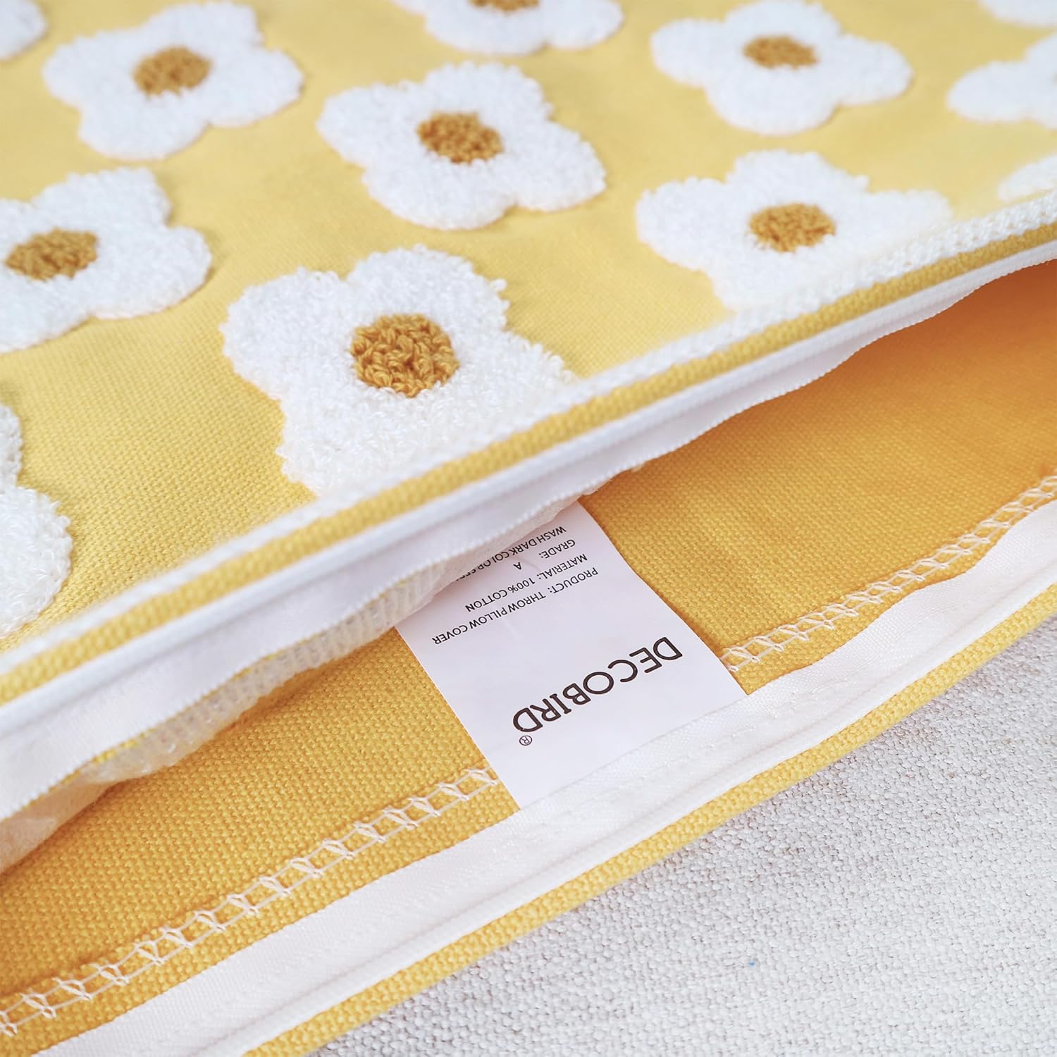 DECOBIRD Embroidery Throw Pillow Cover 18x18 Light Yellow Floral Design Home Decor Loop Embroidered Pillow Case Thick Cotton Canvas Square Cushion Cover for Couch 45x45cm, 4 Petal Flowers 1 Piece