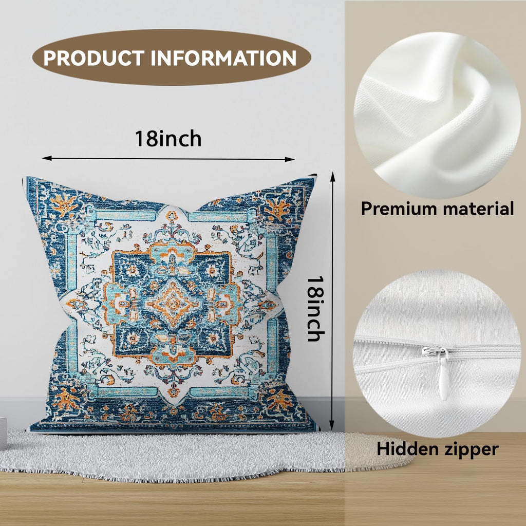 Bohemian Pillow Covers | Vintage Floral & Carpet Design | Double Sided Blue White Decorative Pillowcases for Couch, Bed | Indoor Outdoor Boho Home Decor (Blue&Yellow, 18x18inches)