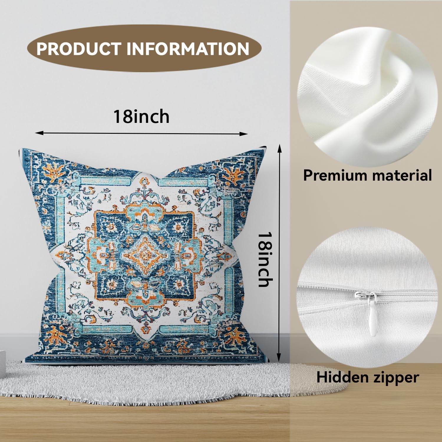 Bohemian Pillow Covers | Vintage Floral & Carpet Design | Double Sided Blue White Decorative Pillowcases for Couch, Bed | Indoor Outdoor Boho Home Decor (Blue&Yellow, 18x18inches)