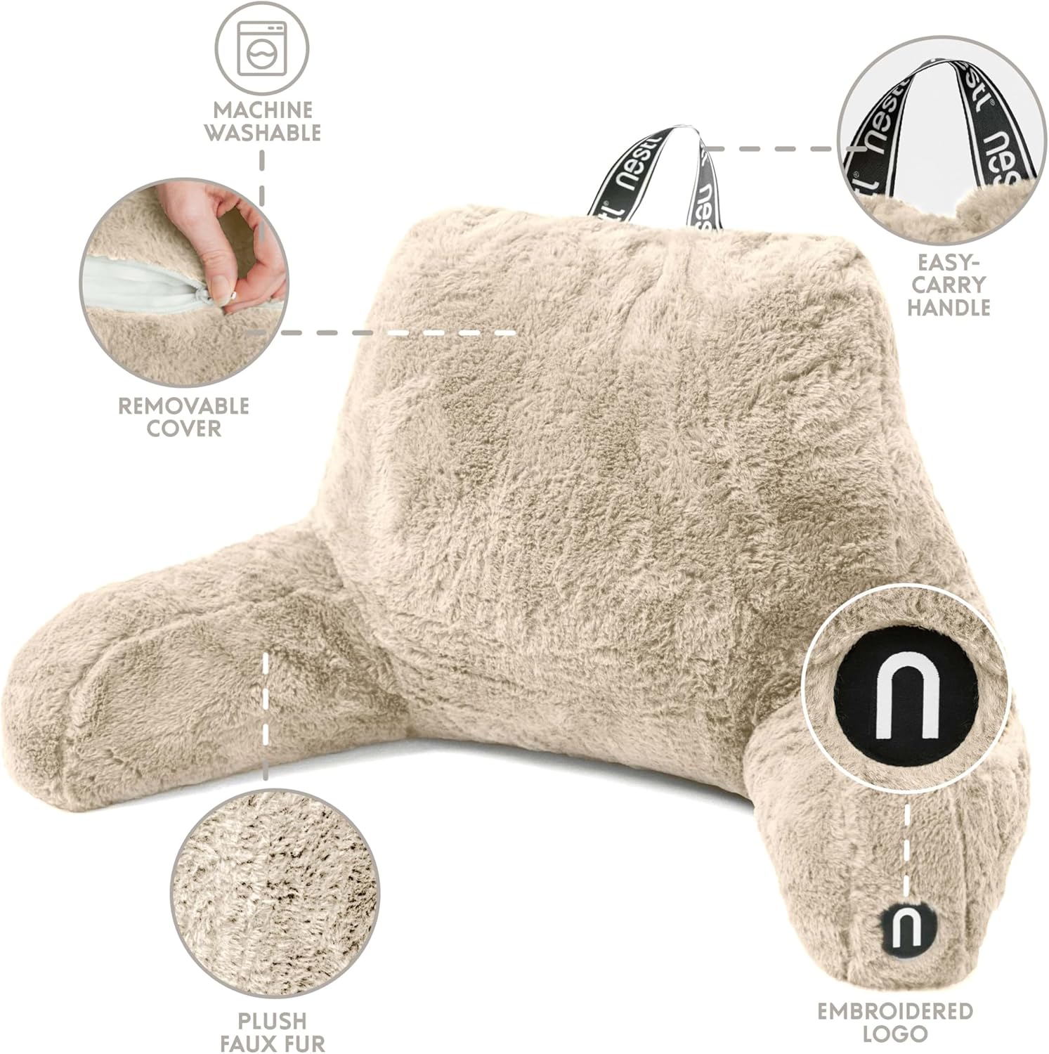 Nestl Fur Reading Pillow, Stylish Back Pillow for Bed Sitting Up, Faux Fur Bed Chair Pillow with Arms, Reading Pillows for Sitting in Bed Adult & Kids, Sit Up Back Support Pillow for Bed Rest - Linen