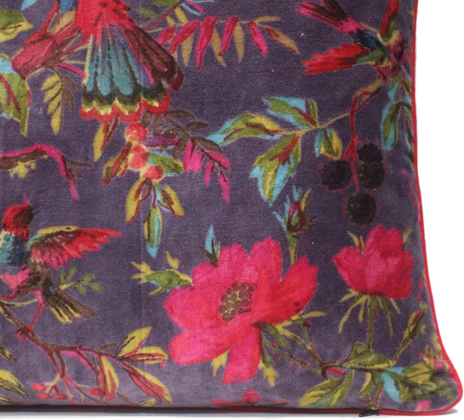 Eyes of India Velvet Floral Flower Bird Throw Pillow Sofa Cushion Cover Case Couch Colorful Boho Chic Bohemian Accent Indian Handmade (Purple, 24" x 24")