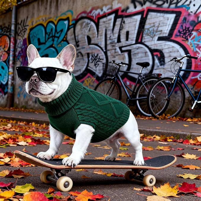 Medium/Large Dog Sweater, Warm Comfy Stretch Dog Winter Coat w/Sleeves & High Neck, Premium Dog Clothes for Bulldog-Best for Holidays, Daily Walks L Green