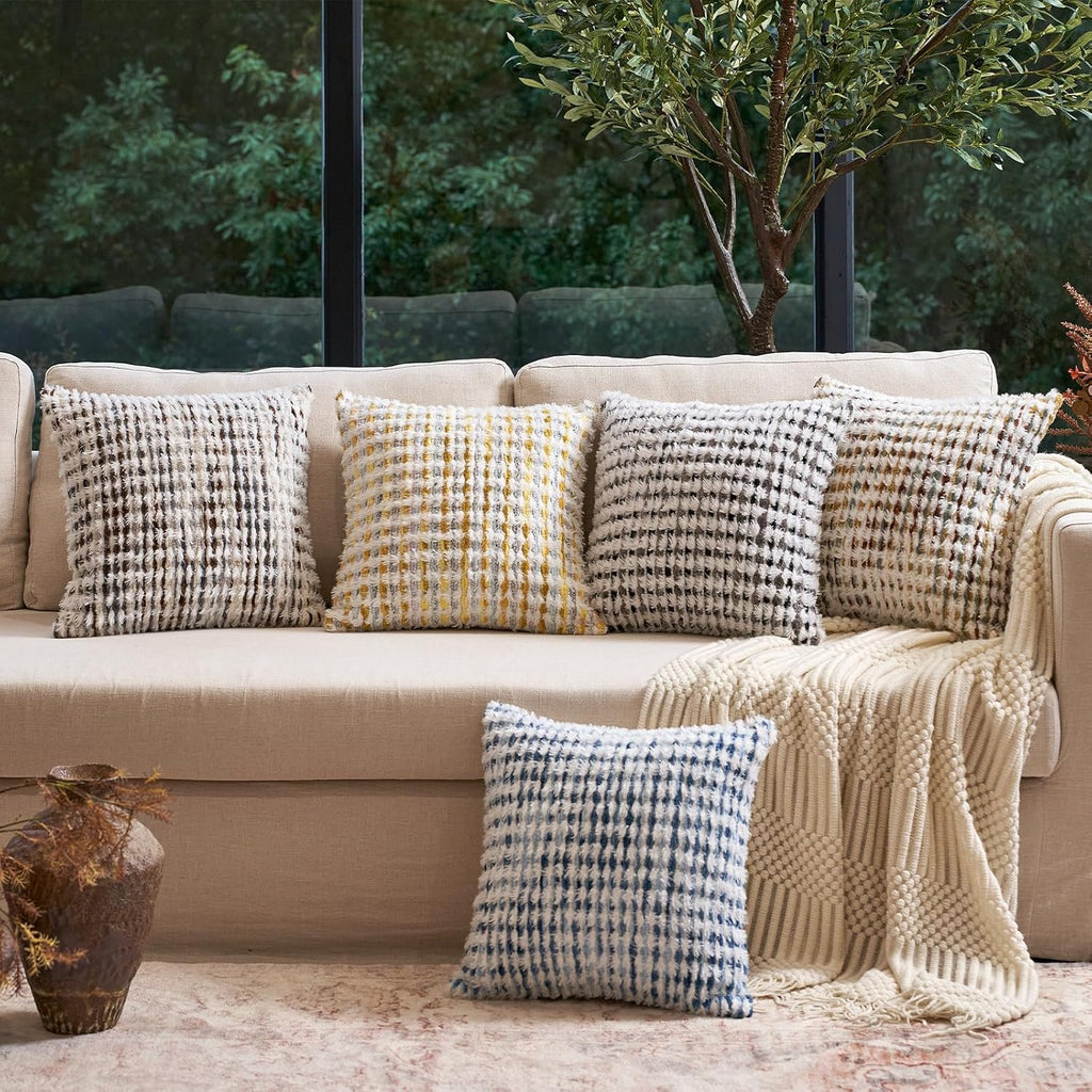 Aeckself Boho Chenille Tufted Pillow Cover 18x18 Inch, Decorative Square Throw Pillow Cover Neutral Pillowcase for Couch Bedroom Living Room, Blue White