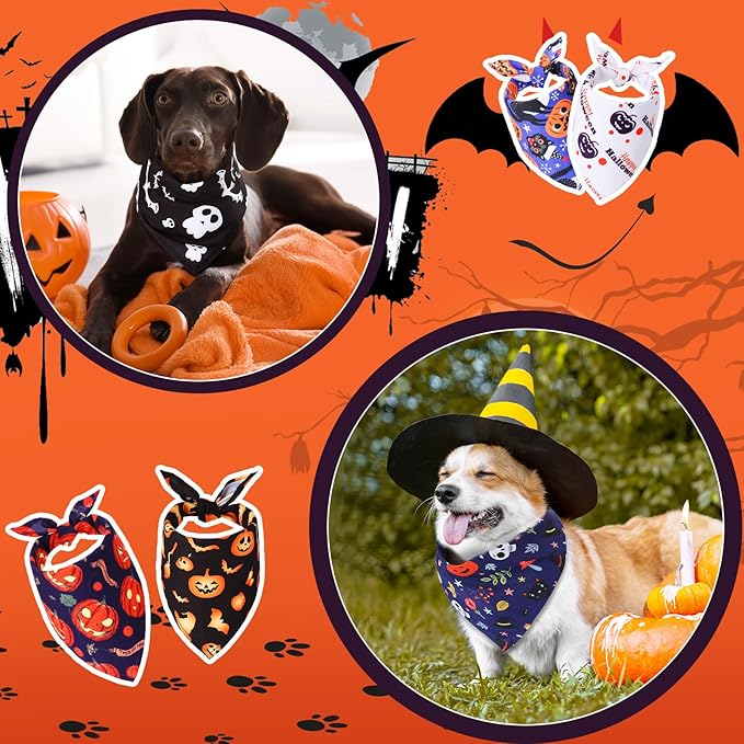Kigeli 100 Pack Halloween Dog Bandanas Adjustable Triangle Bibs Scarf Ghost Halloween Pumpkin Spider Web Pet Bandanas Costumes Holiday Accessories for Large Medium Small Dog Puppy Cat(Small)