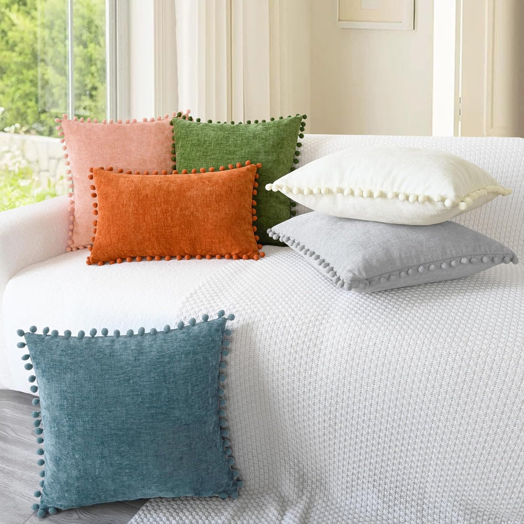 CaliTime Throw Pillow Covers Decorative 22 X 22 Inches Pack of 2 Cozy Solid Dyed Soft Chenille Cushion Cases with Pom Poms for Couch Sofa Bed Living Room Home Smoke Blue