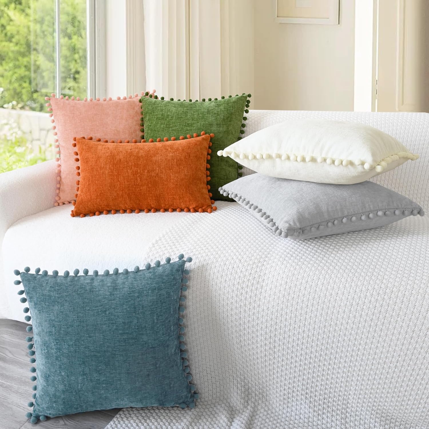 CaliTime Throw Pillow Covers Decorative 22 X 22 Inches Pack of 2 Cozy Solid Dyed Soft Chenille Cushion Cases with Pom Poms for Couch Sofa Bed Living Room Home Smoke Blue