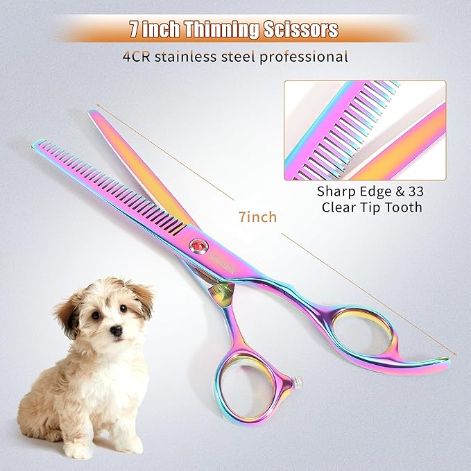 7.0in Titanium Rainbow Professional Pet Grooming Scissors Set, GEMEK 6 in 1 Straight & Thinning & Upwards Curved & Downwards Curved Scissors & Comb for Dogs, Cats (Rainbow)