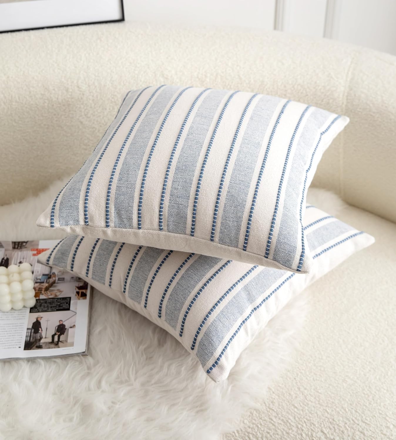 Decorative Boho Throw Pillow Covers, Farmhouse Textured Pillow Case, 18 x 18 Inch Set of 2, Chair Sofa Bedroom Living Room Home Decor Couch Cushion Case, Classic Blue and Beige Striped