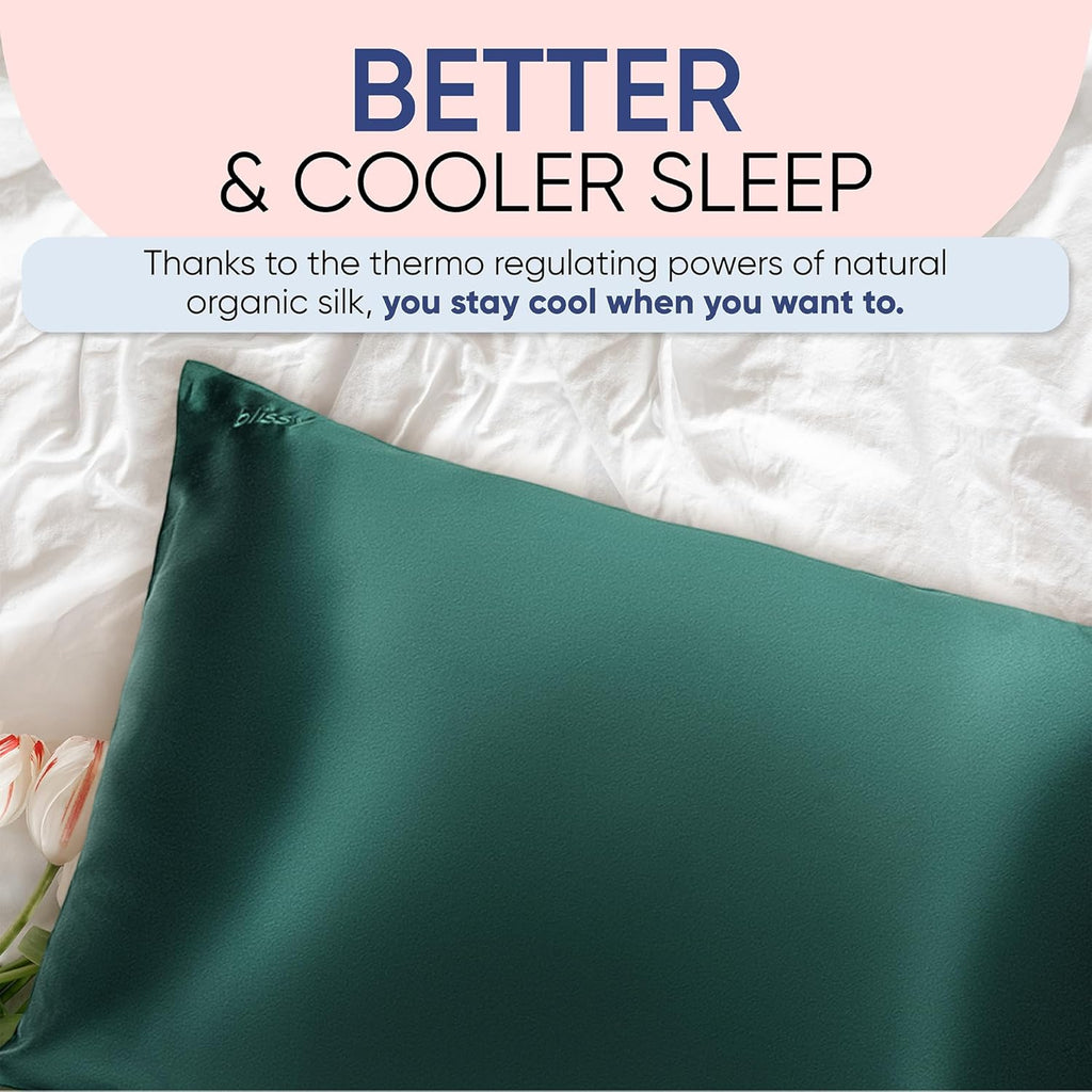 Blissy Silk Pillowcase - 100% Pure Mulberry Silk - 22 Momme 6A High-Grade Fibers - Silk Pillow Cover for Hair & Skin - Regular, Queen & King (Emerald, Standard)