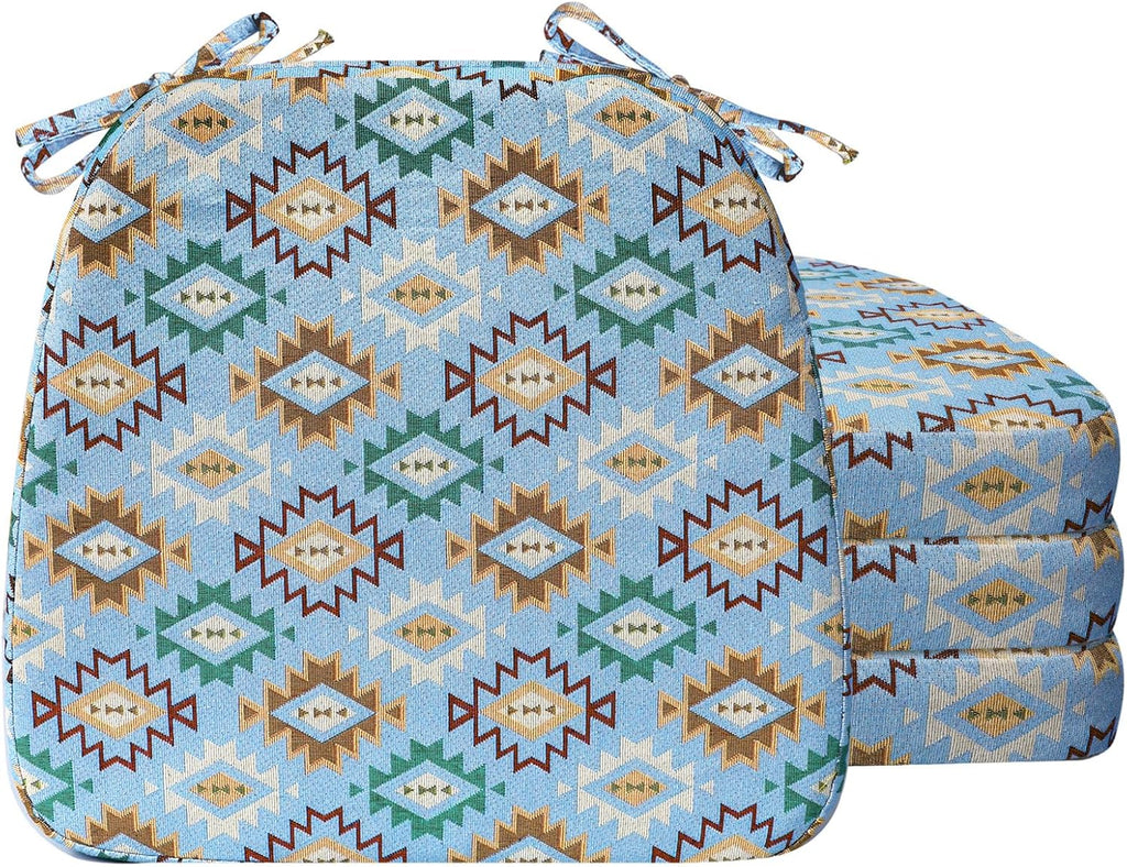 AAAAAcessories D-Shaped Chair Cushions, 2" Thick Dining Chair Pads with Ties and Removable, Machine-Washable Cover, 17" x 16", Set of 4, Geometric Blue