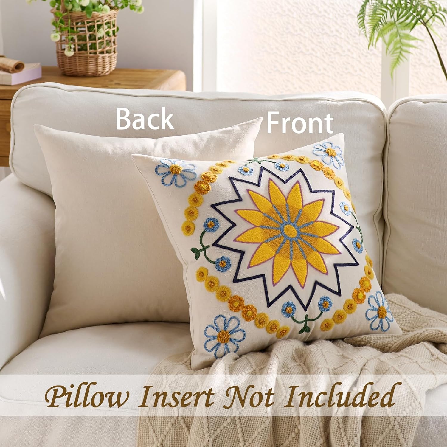 Embroidered Throw Pillow Cover 22x22 Classic Boho Floral Pattern Pillows Cover Outdoor Decorative Pillowcase,Durable Cozy Textured Cushion Case for Sofa Couch Bed Living Room,Yellow