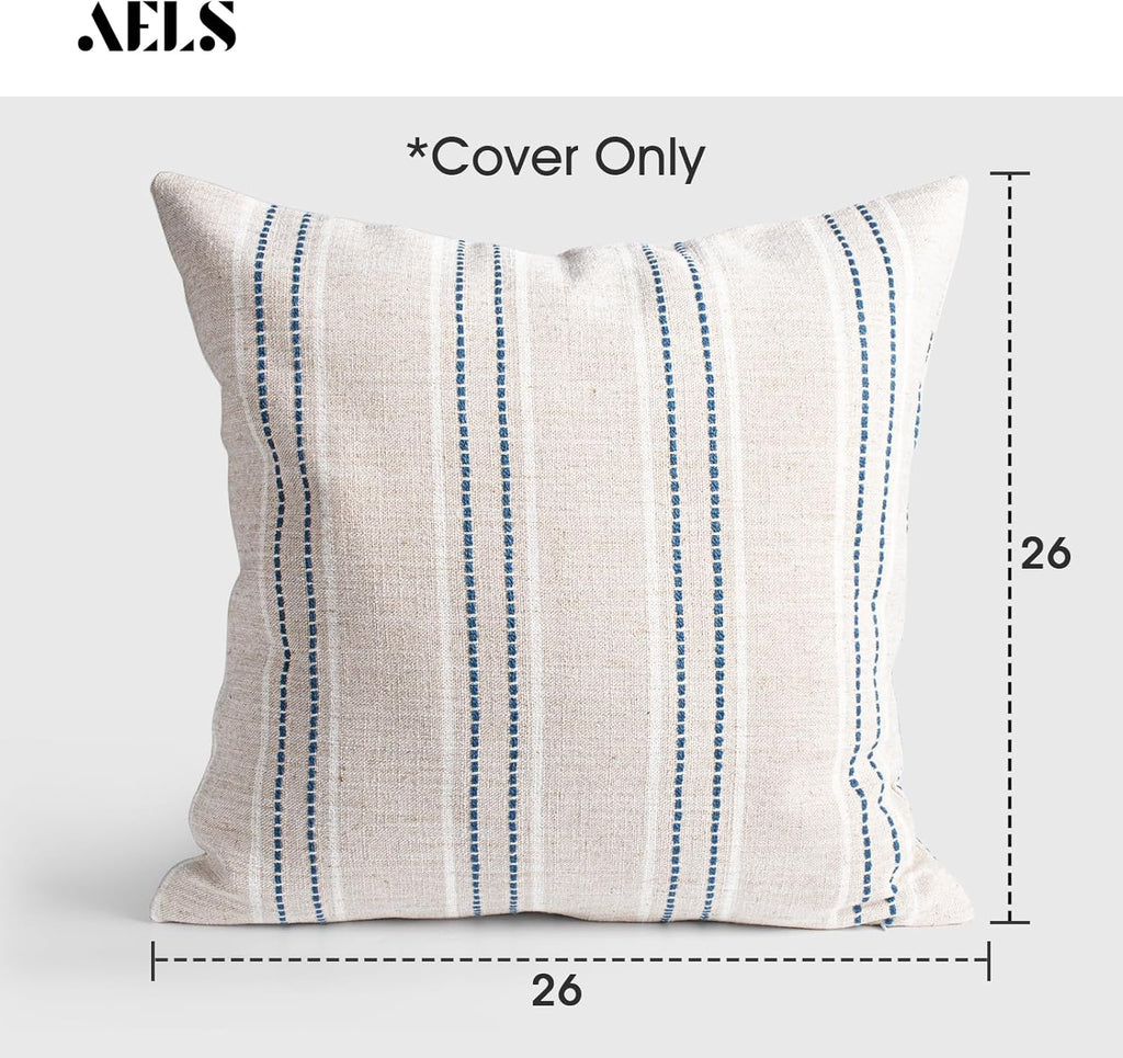 AELS 26x26 Decorative Farmhouse Linen Throw Pillow Covers, Boho Textured Pillow Case, Set of 2, Beige with White & Navy Blue Stitch Yarn Dyed Stripe Cushion Cover for Couch Living Room (Cover ONLY)