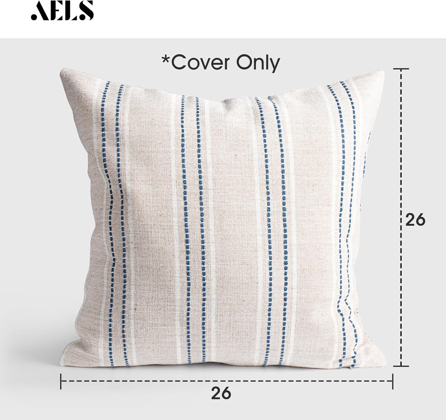 AELS 26x26 Decorative Farmhouse Linen Throw Pillow Covers, Boho Textured Pillow Case, Set of 2, Beige with White & Navy Blue Stitch Yarn Dyed Stripe Cushion Cover for Couch Living Room (Cover ONLY)