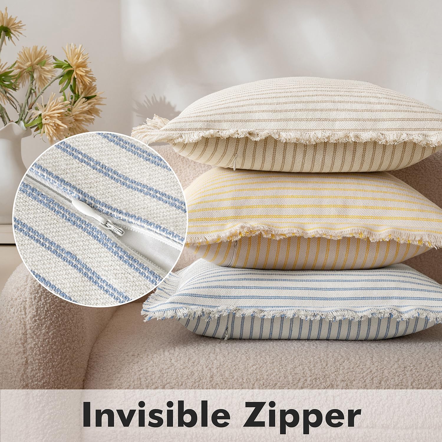 MIULEE Pack of 2 Light Blue Pillow Covers 24x24 Inch Striped Farmhouse Couch Throw Pillow Covers with Fringe Chic Cotton Decorative Cushion Eruo Sham for Sofa Living Room Bed Outdoor Home Decor